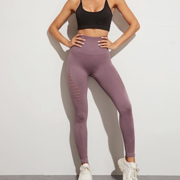 Women High Waisted Yoga Pants Workout Seamless Hollow Out Leggings laven… - Picture 2 of 16